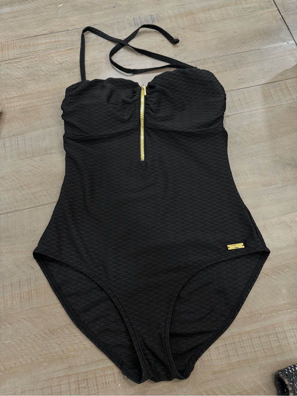 Black Strapless One-Piece Swimsuit with Gold Zip Accent